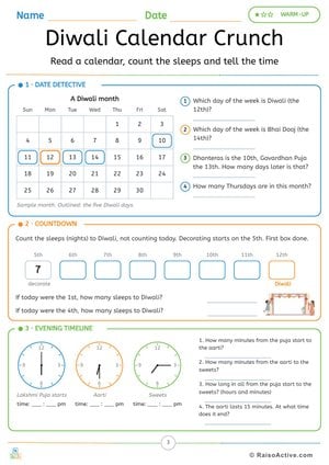 Diwali Calendar Crunch: Dates, Days and Telling Time Worksheet