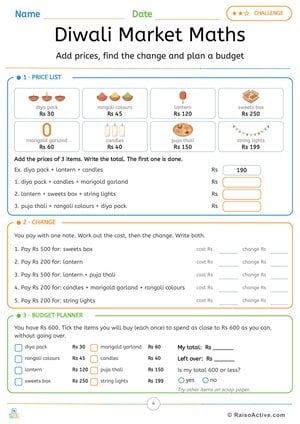 Diwali Market Maths: Add Prices, Find the Change and Plan a Budget