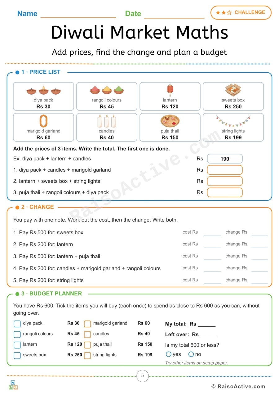 Diwali Market Maths: Add Prices, Find the Change and Plan a Budget
