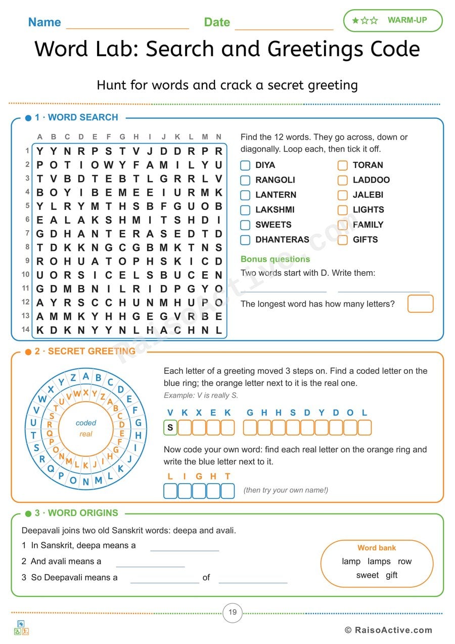 Diwali Word Search, Secret Greeting Code and Word Origins