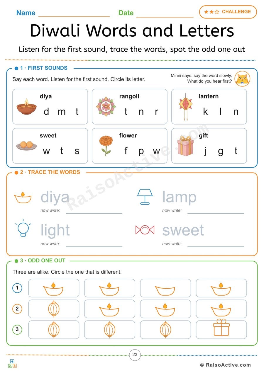 Diwali Words and Letters: First Sounds, Tracing and Odd One Out