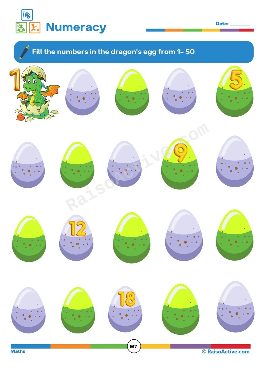 Dragon Egg Numbers: Counting to 50 Worksheet