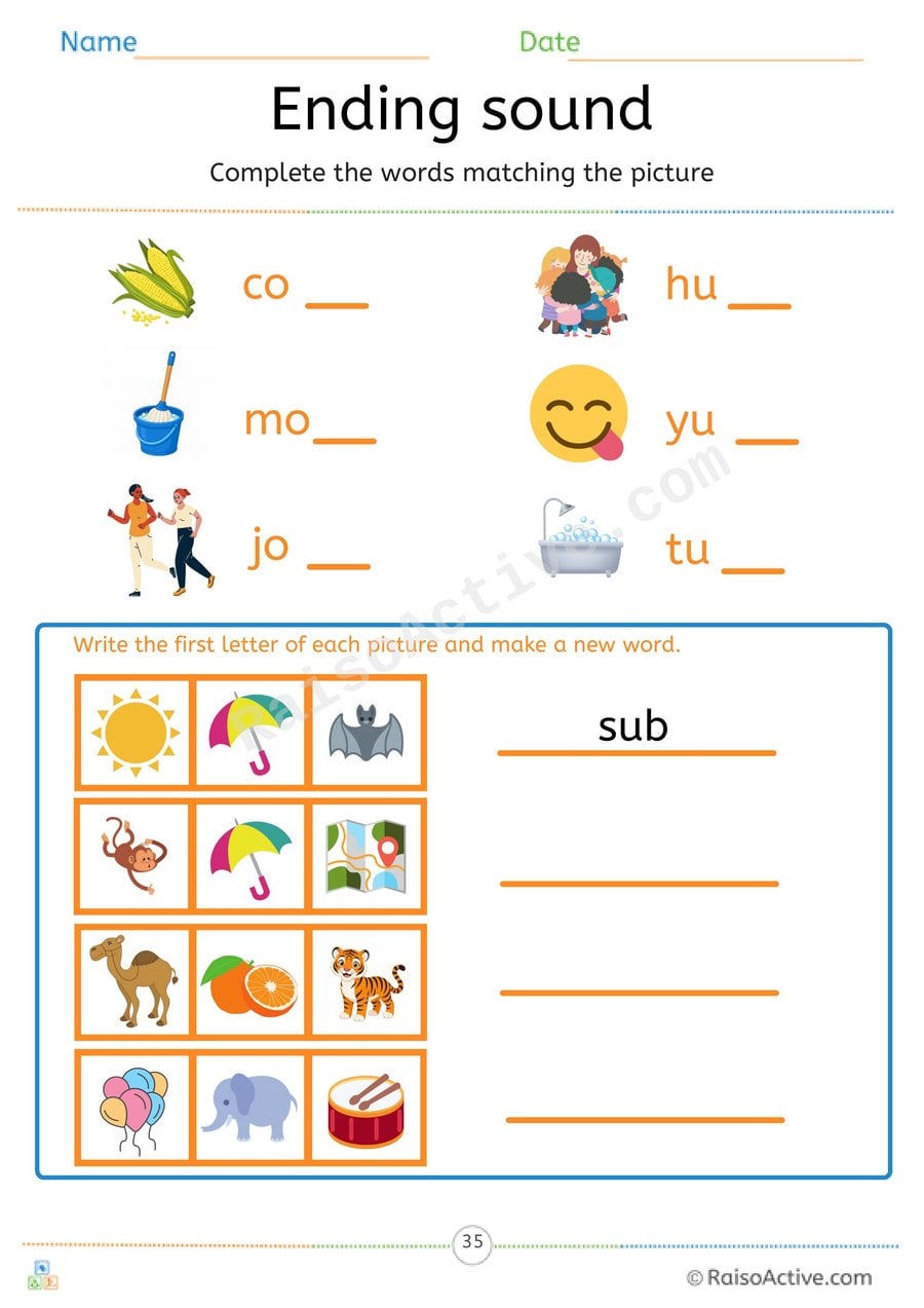Ending Sounds and First Letter Word Making Worksheet
