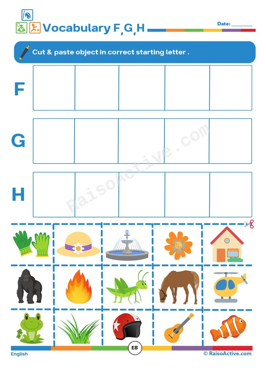 F, G, H Letter Sounds Cut and Paste Worksheet