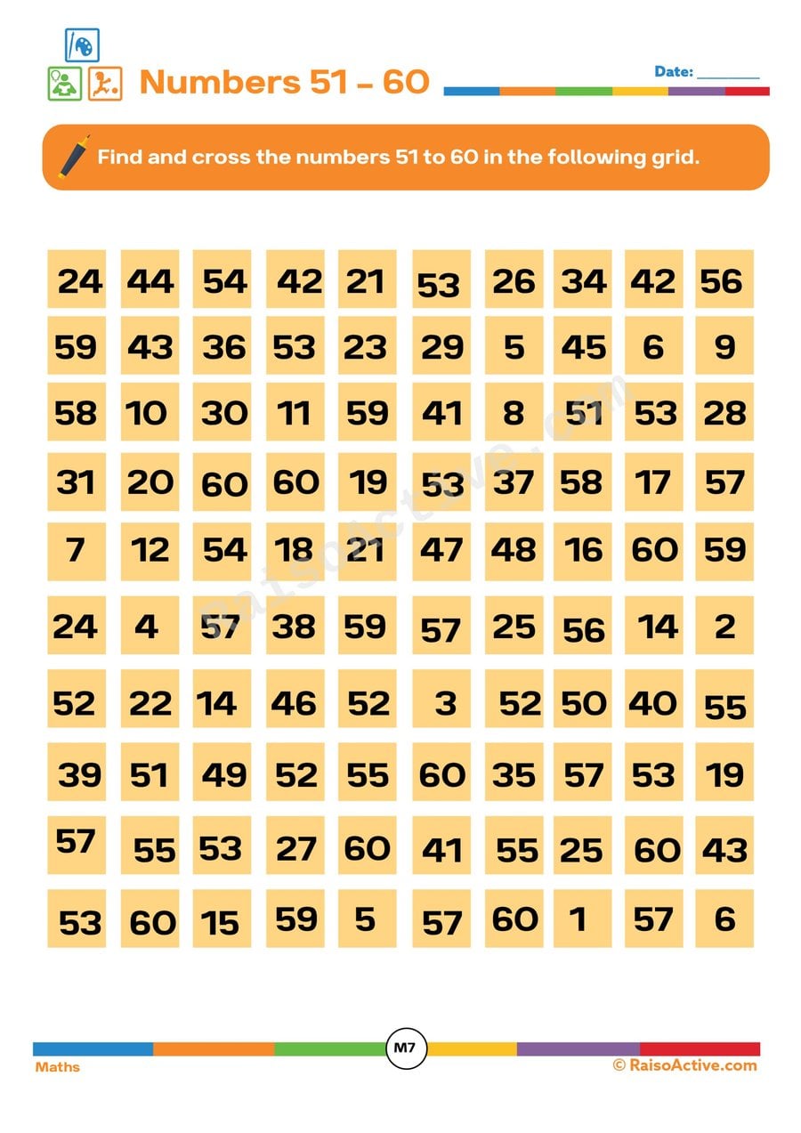 Find and Cross Numbers 51-60 Worksheet