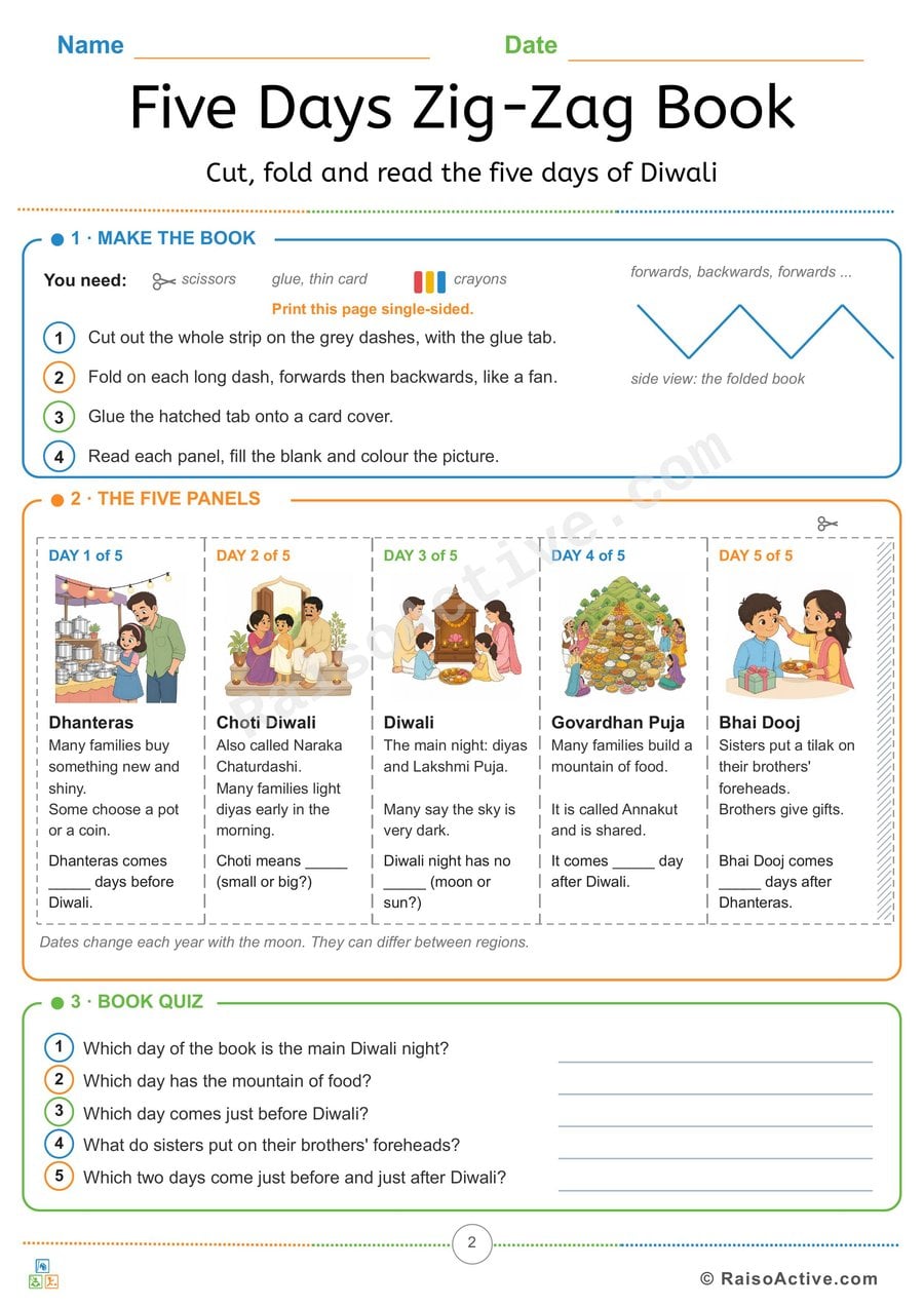 Five Days of Diwali Zig-Zag Book: Cut, Fold, Read and Quiz