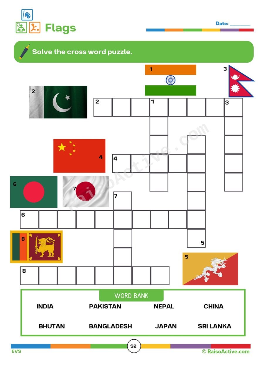 Flags Crossword Puzzle Worksheet for Kids