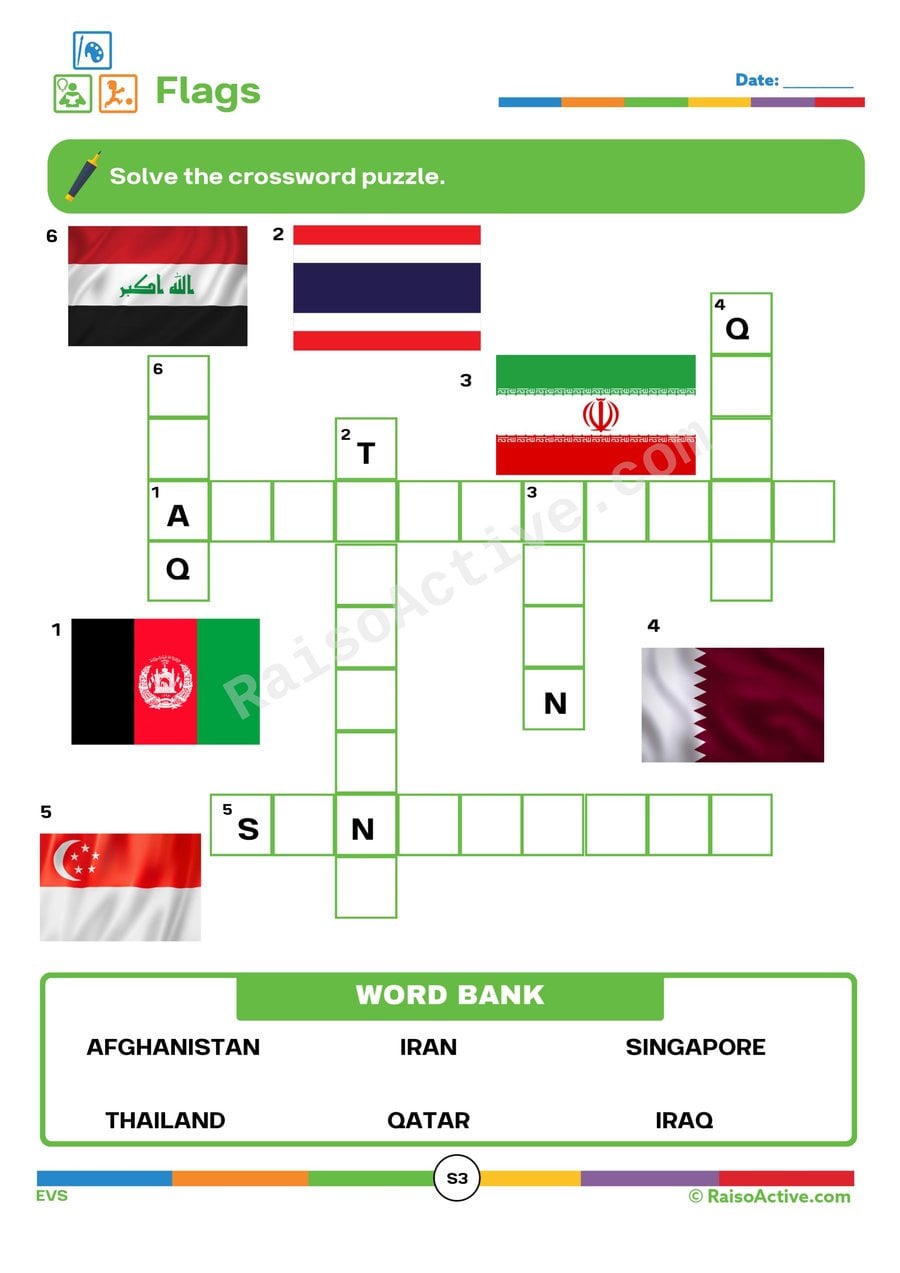 Flags Crossword Puzzle Worksheet for Kids