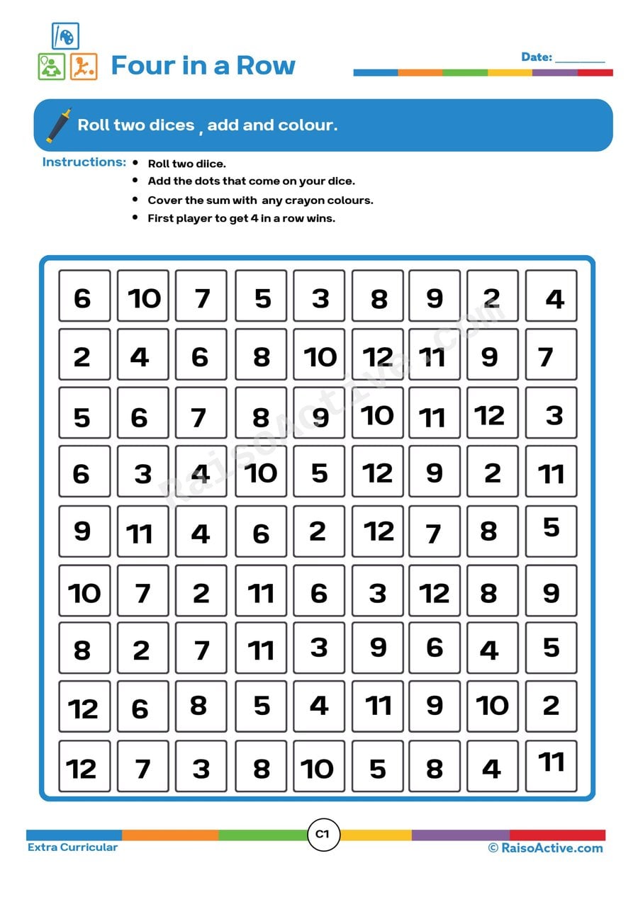 Four in a Row: Dice Game Worksheet for Kids