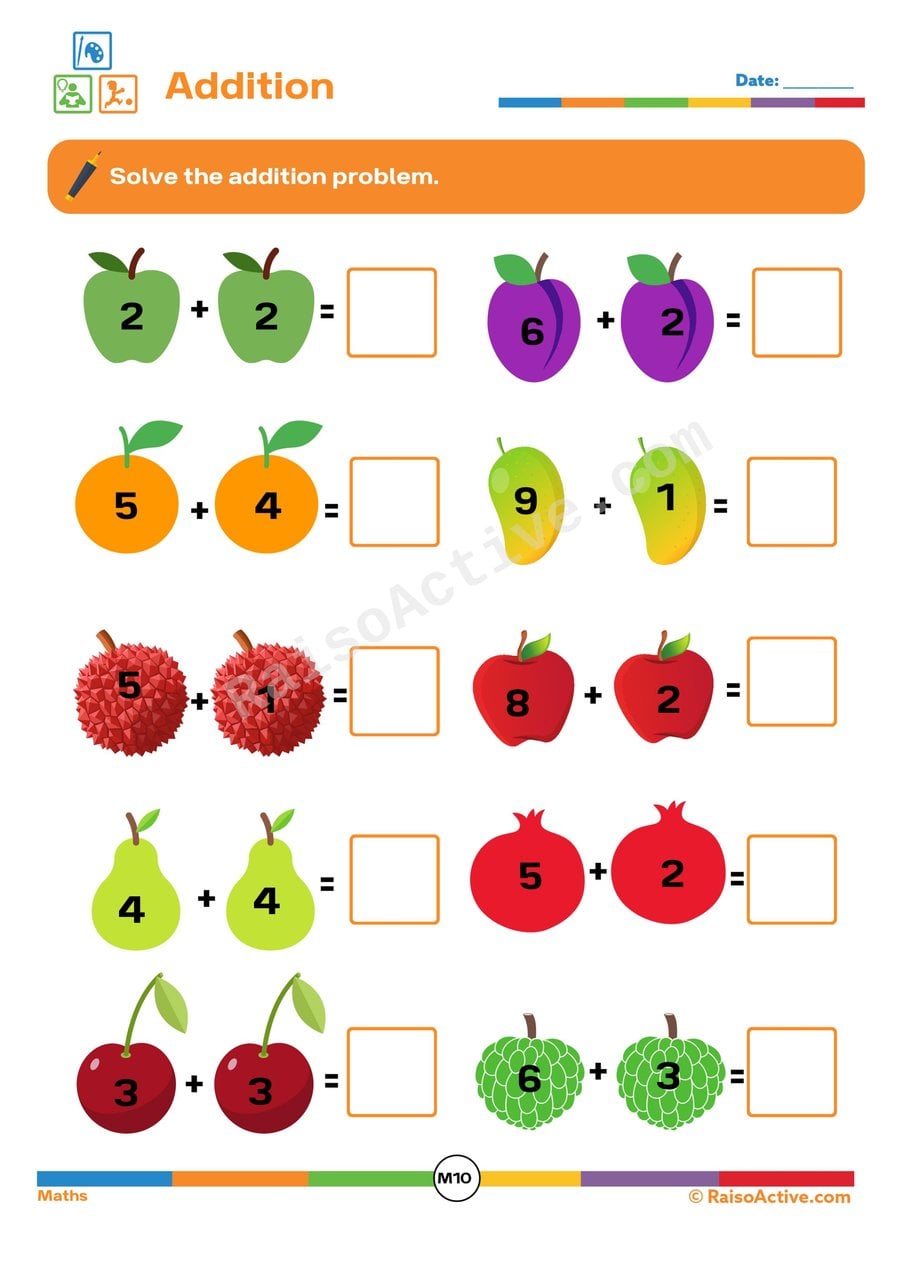 Fruit Addition Worksheet for Preschoolers