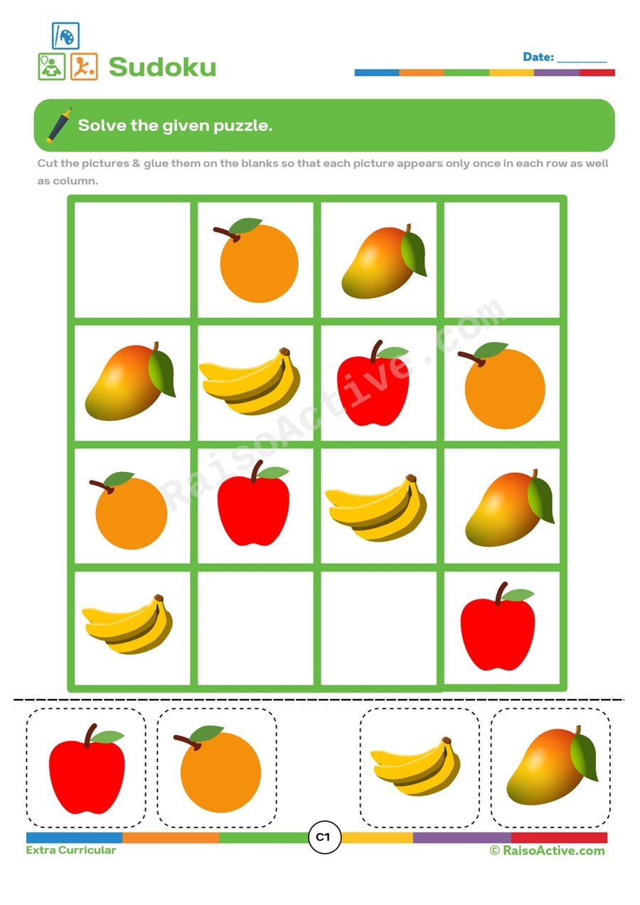 Fruit Sudoku Puzzle Worksheet for Kids