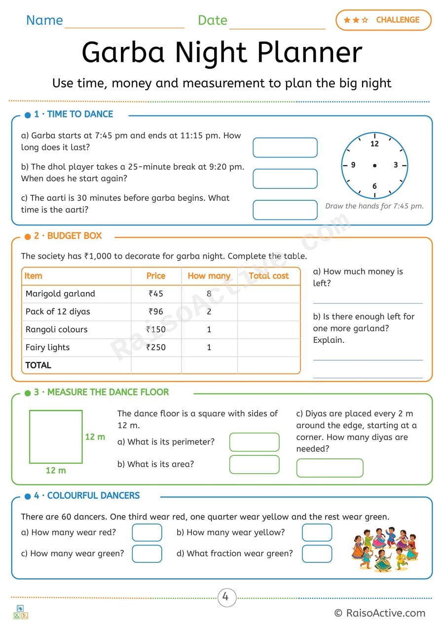 Garba Night Planner: Navratri Time, Budget and Area Word Problems