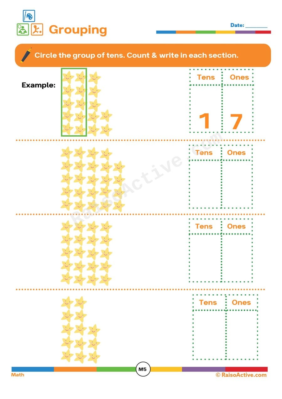 Grouping Stars: Tens and Ones Worksheet for Kids