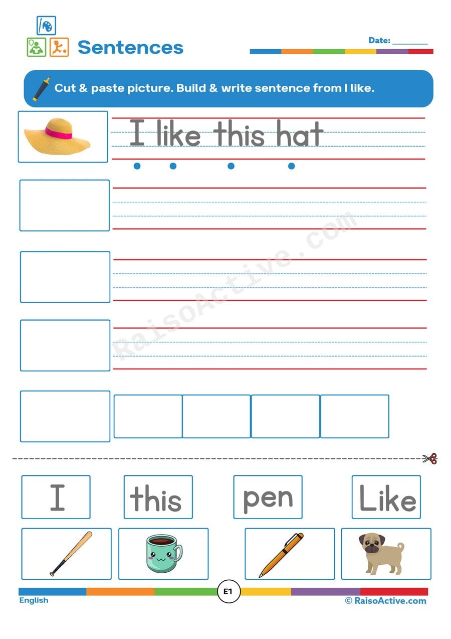 I Like Sentences Worksheet: Cut, Paste, and Write!