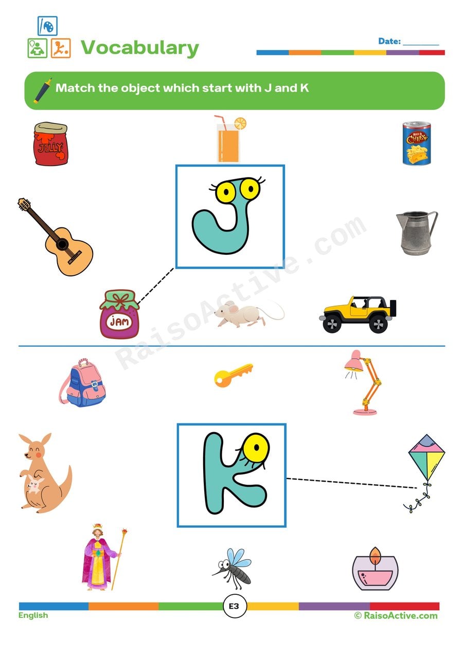 J and K Vocabulary Worksheet: Match the Objects!