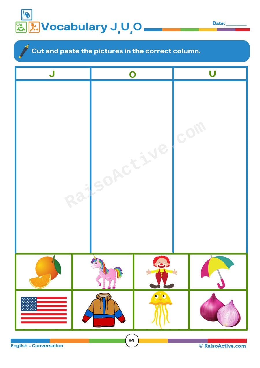 J, U, O Sorting Worksheet: Cut and Paste Pictures!