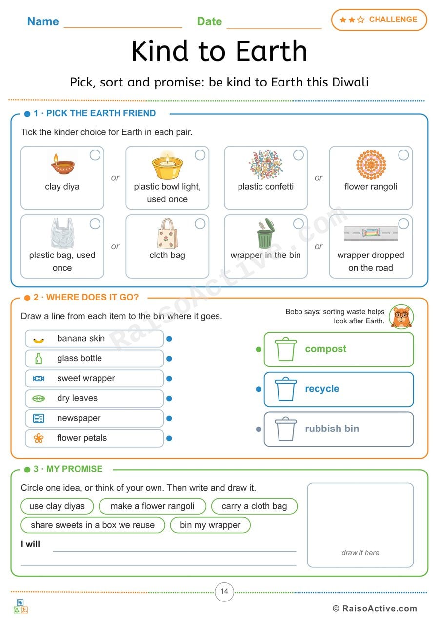 Kind to Earth This Diwali: Eco Choices and Waste Sorting Worksheet
