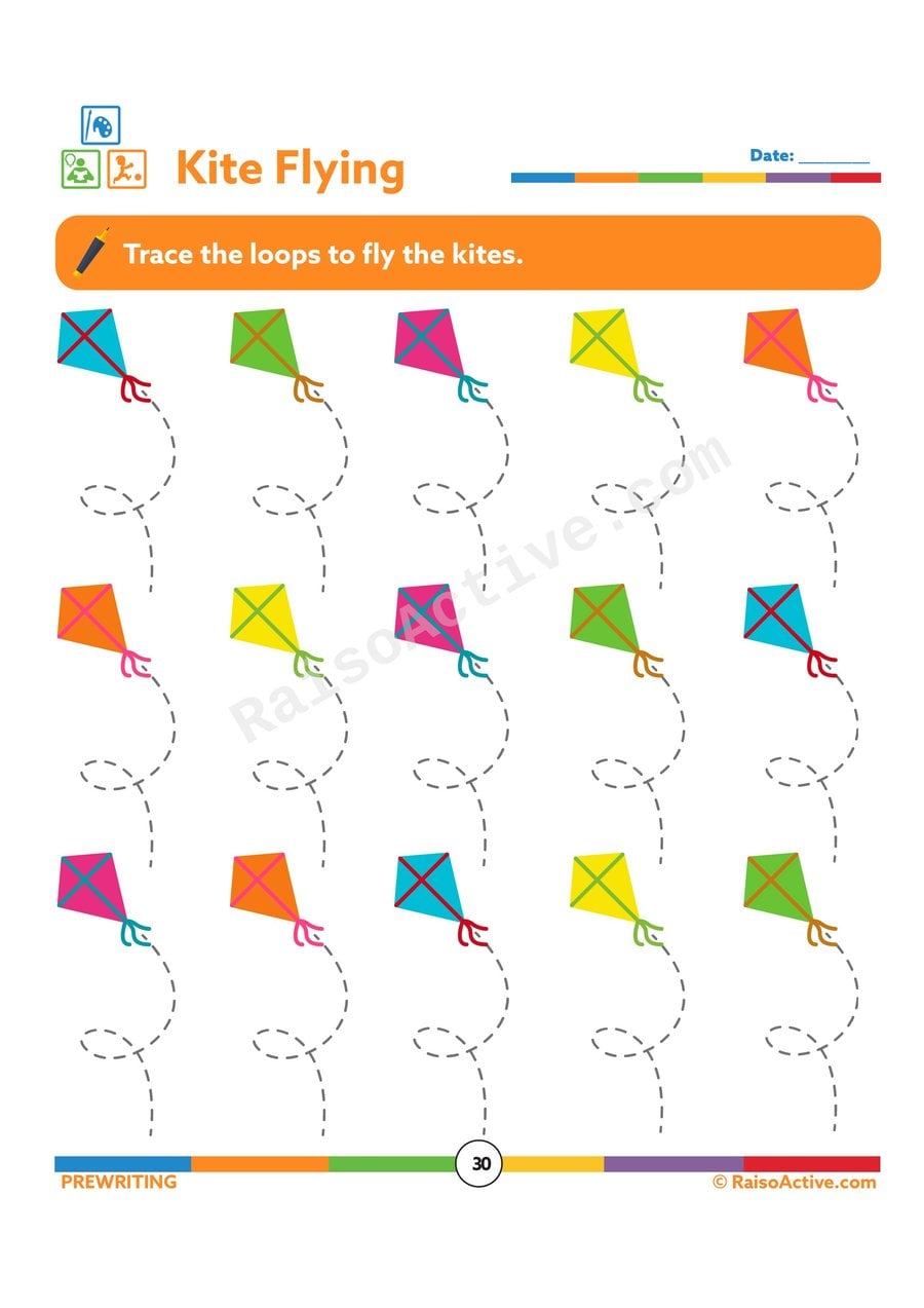 Kite Flying Tracing Worksheet for Preschoolers