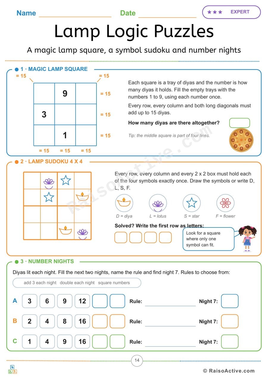 Lamp Logic Puzzles: Magic Square, Sudoku and Number Patterns