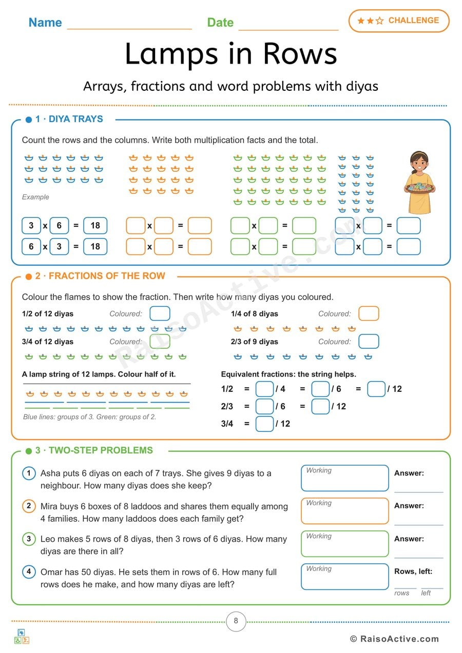 Lamps in Rows: Diya Arrays, Fractions and Two-Step Word Problems