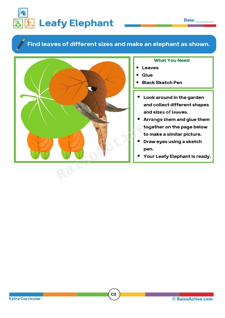 Leafy Elephant Craft Worksheet for Preschoolers
