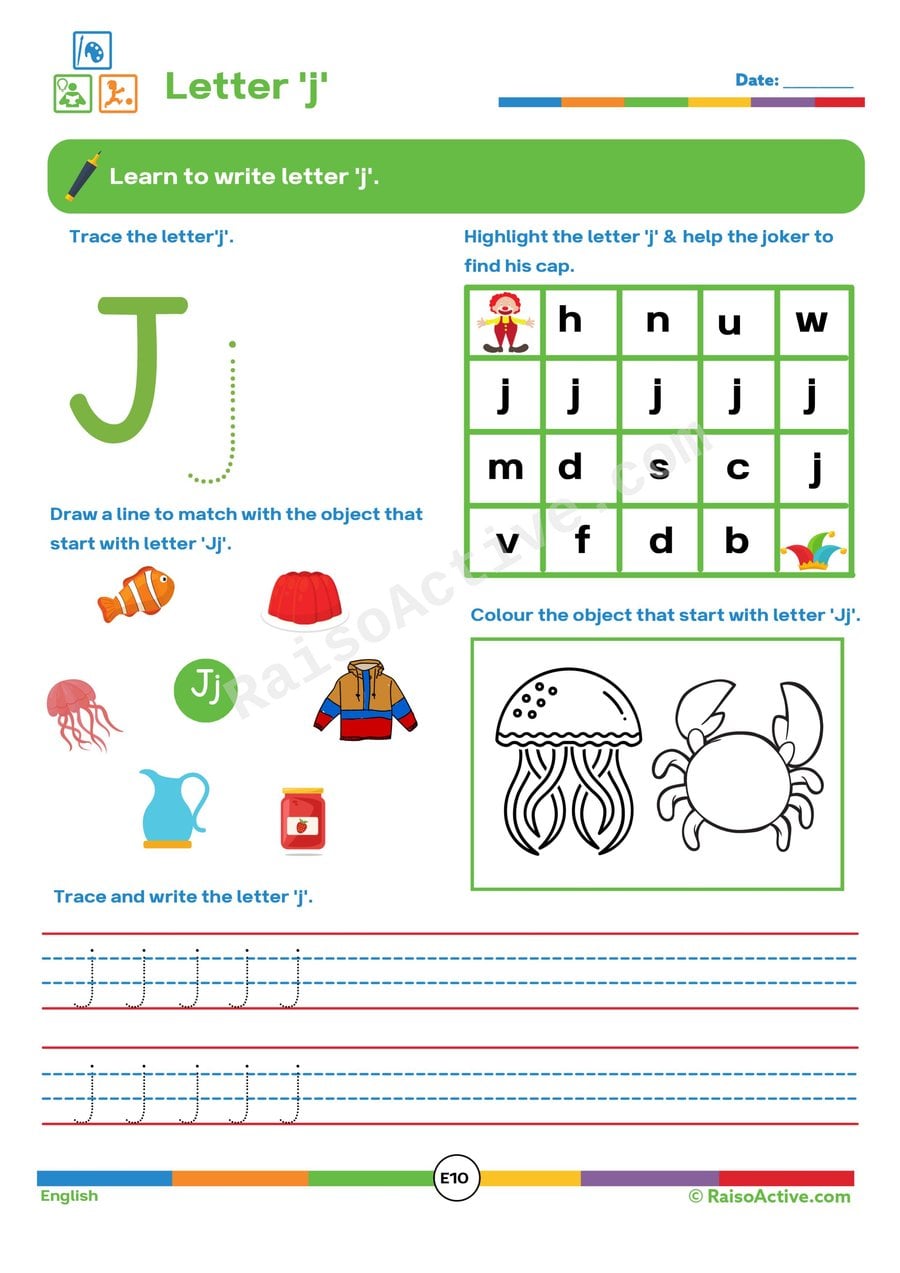 Letter 'j' Worksheet: Trace, Match, and Color!