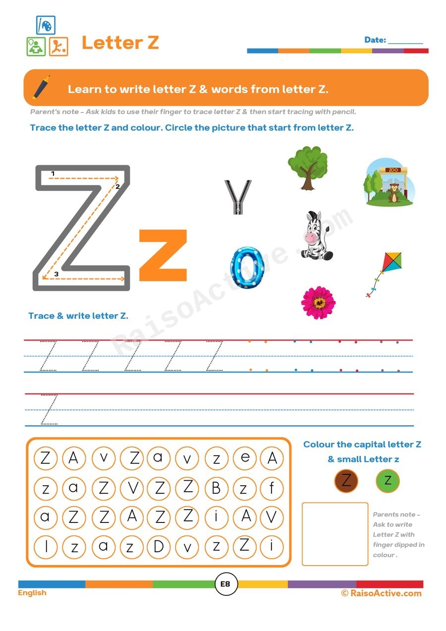 Letter Z Worksheet: Trace, Write, and Color!