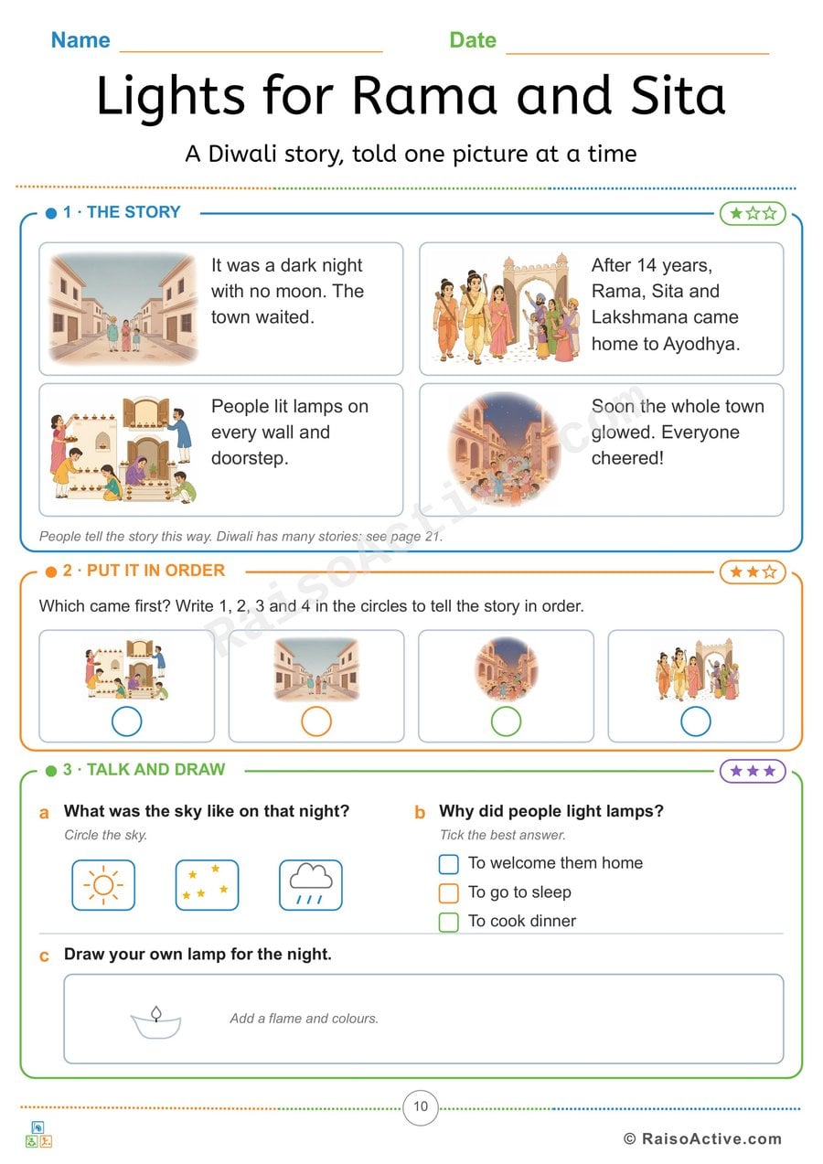 Lights for Rama and Sita: Diwali Story Sequencing for Kids