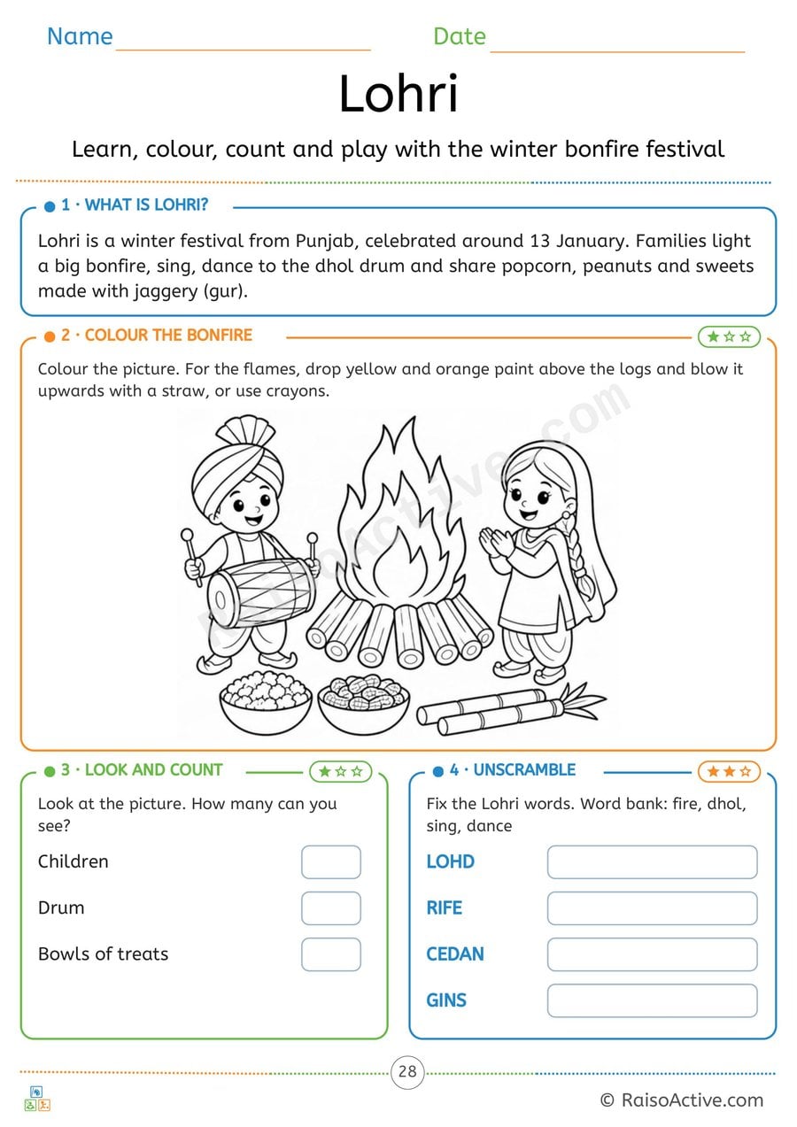 Lohri Worksheet: Colour the Bonfire, Count and Unscramble