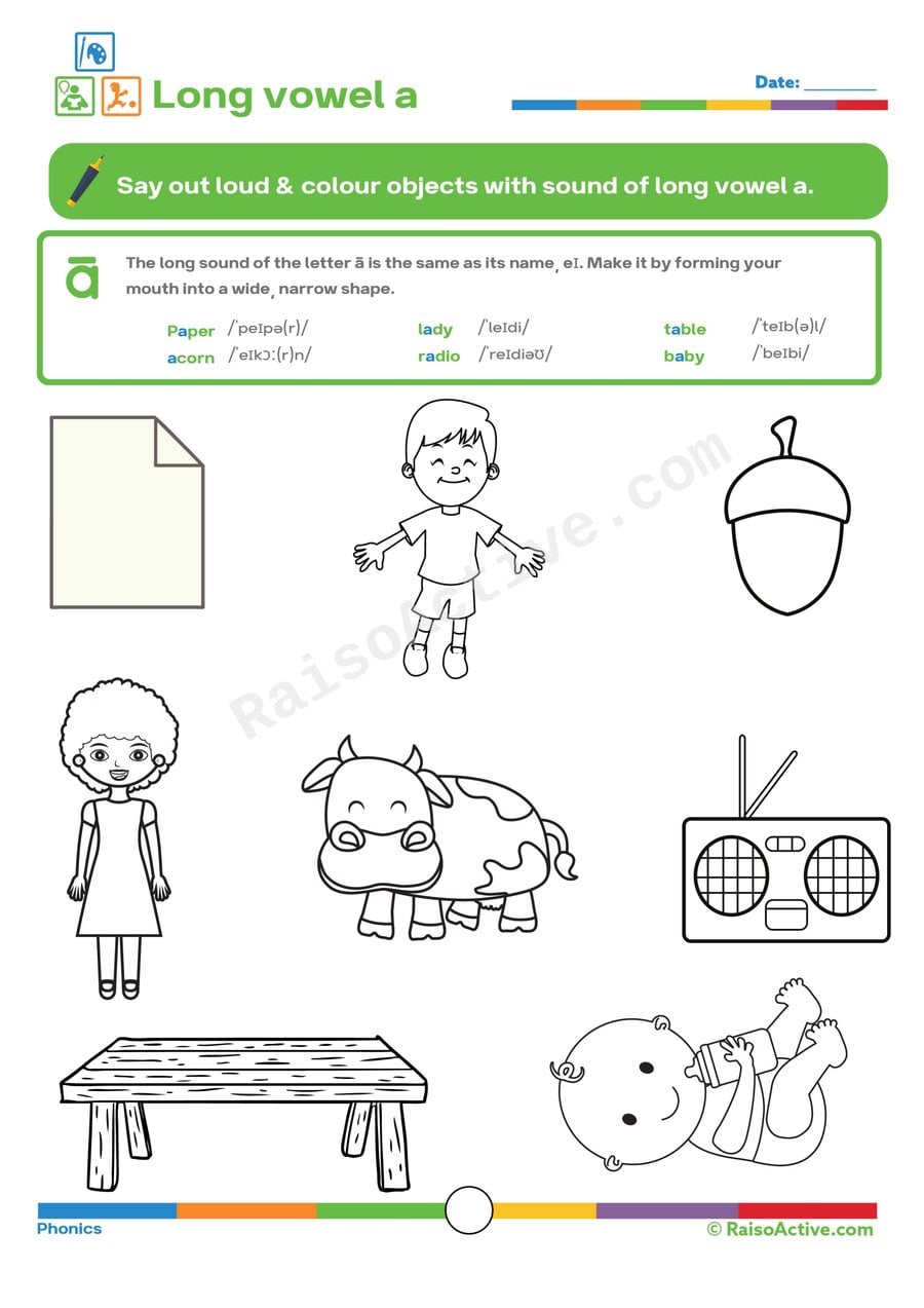 Long Vowel A Coloring Worksheet: Say the Sounds!