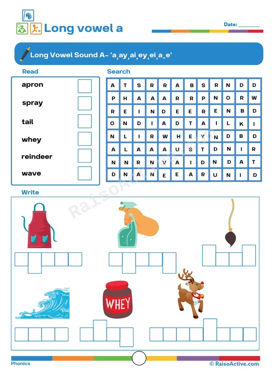 Long Vowel 'A' Worksheet: Read, Search, and Write!