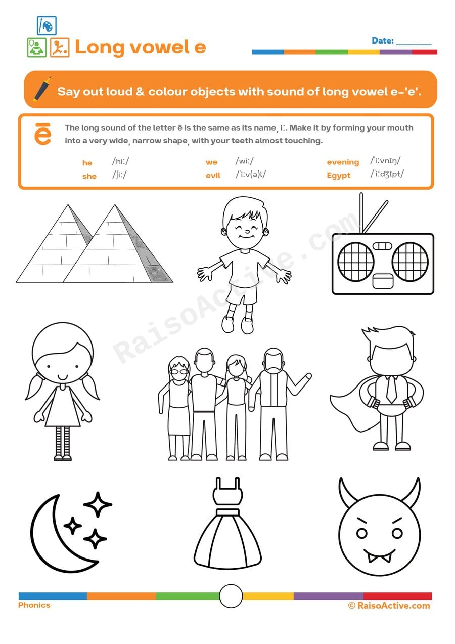 Long Vowel E Coloring Worksheet: Say the Sounds!
