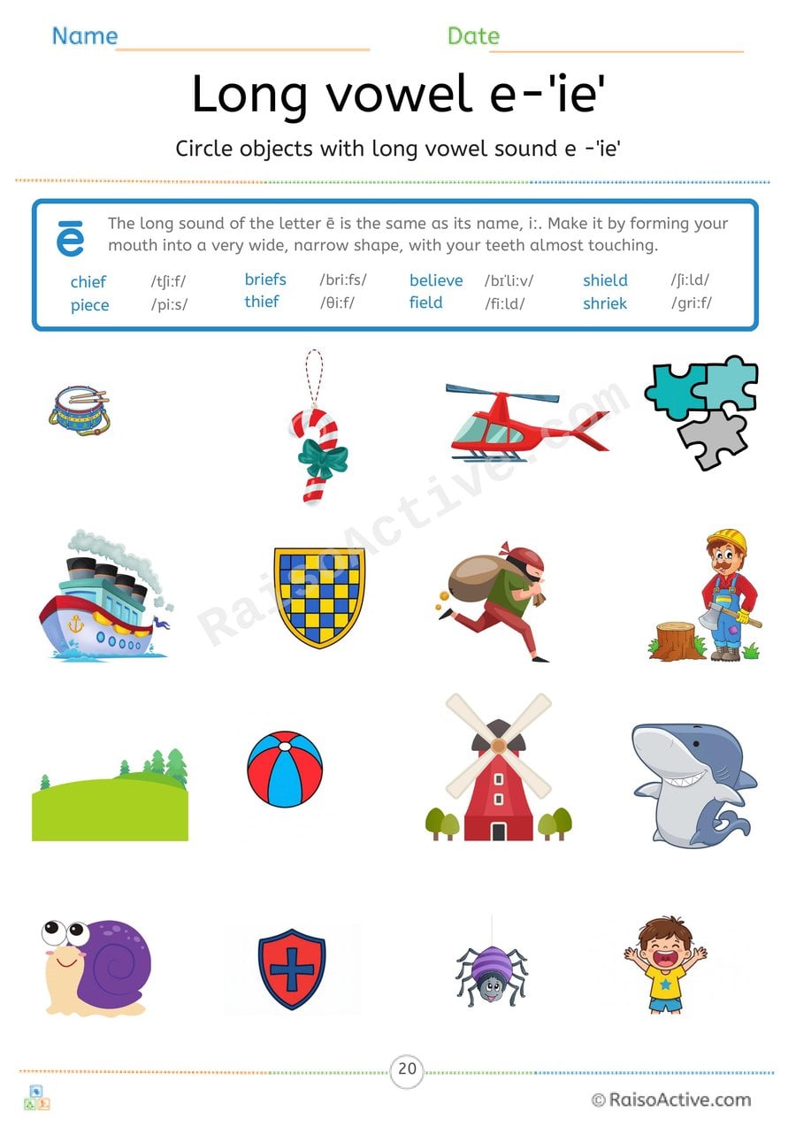 Long Vowel e 'ie' Circle the Pictures Worksheet
