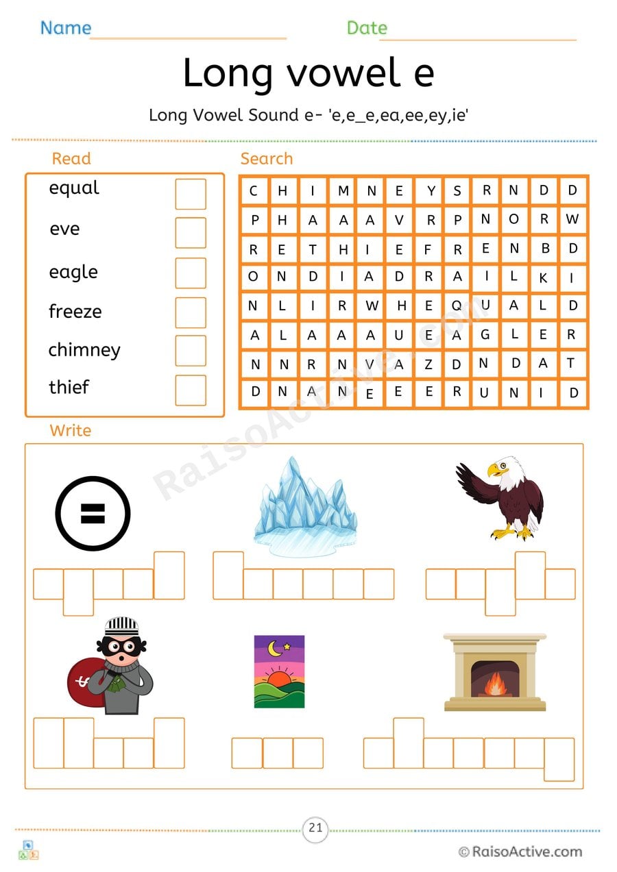 Long Vowel e Read, Search and Write Worksheet