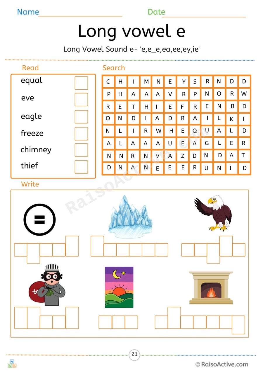 Long Vowel e Read, Search and Write Worksheet