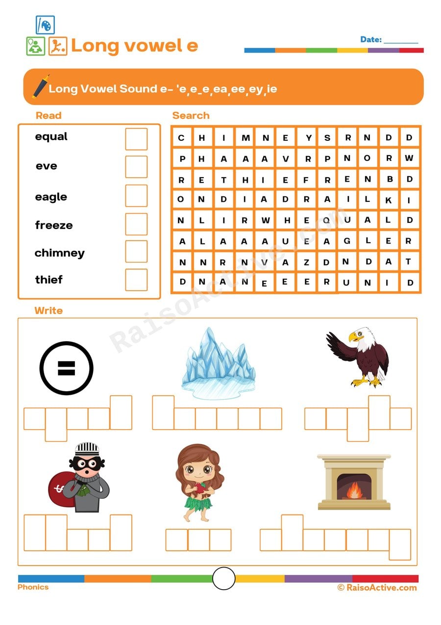 Long Vowel 'e' Worksheet: Read, Search, and Write!
