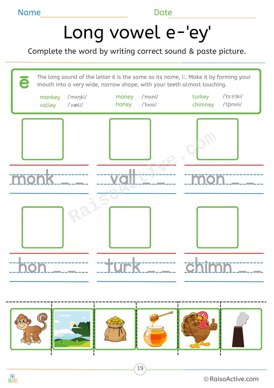 Long Vowel e 'ey' Complete the Word and Paste Worksheet