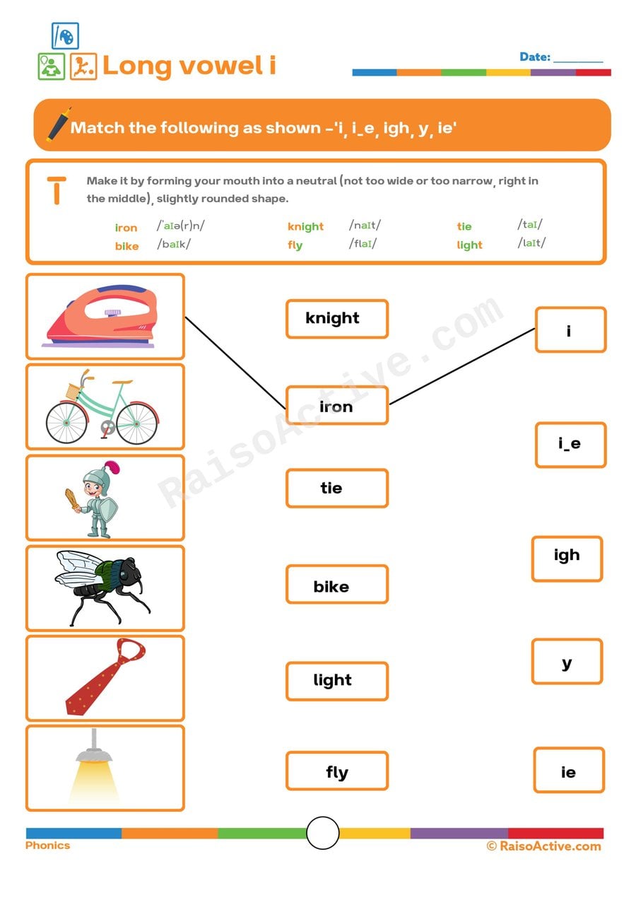 Long Vowel 'i' Matching Worksheet for Kids