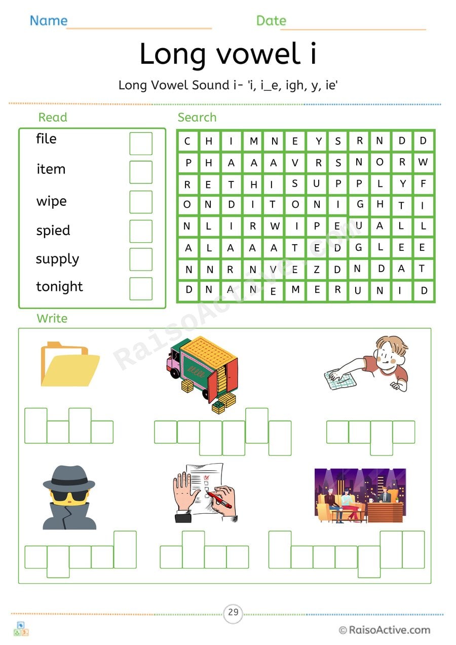 Long Vowel i Read, Search and Write Worksheet