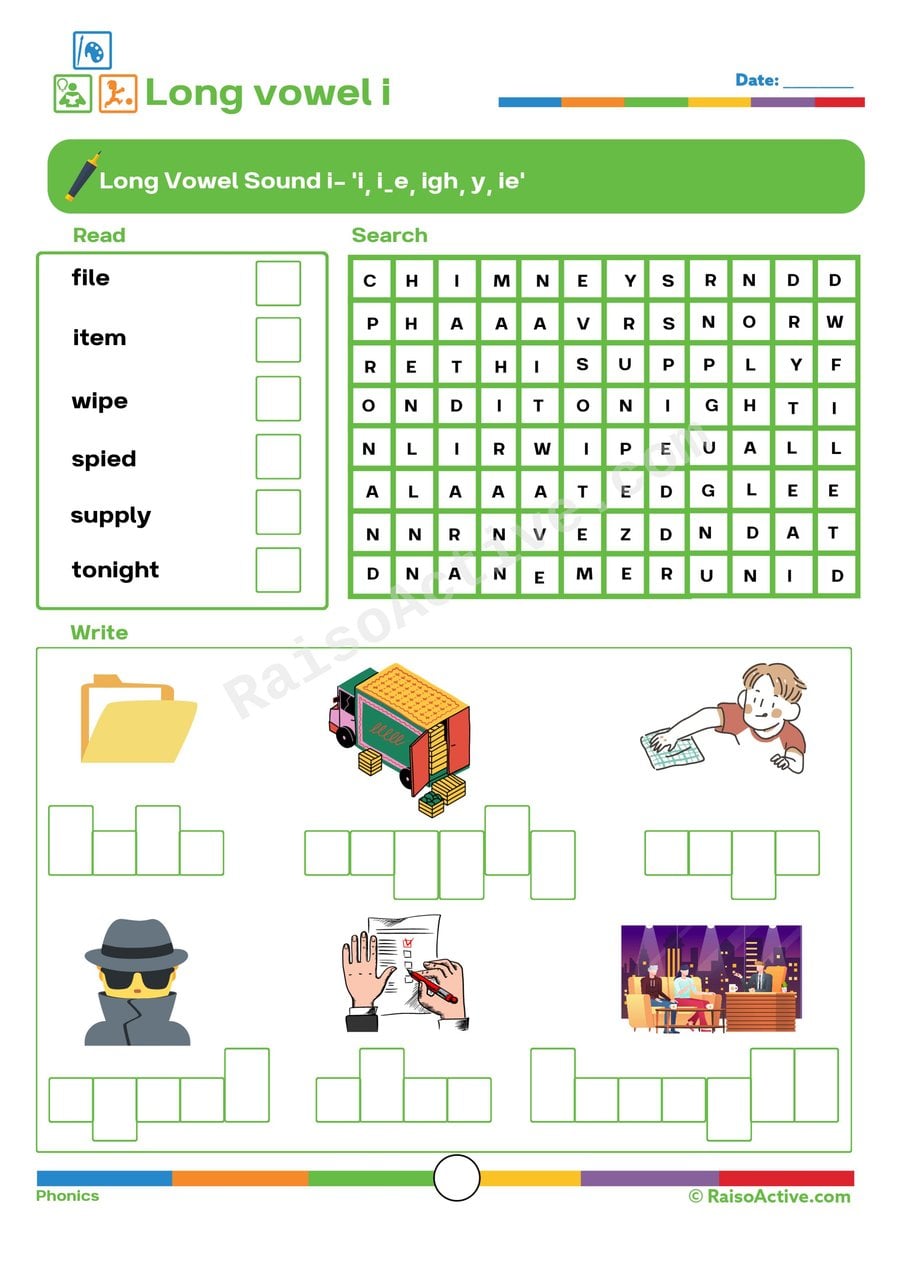 Long Vowel 'i' Worksheet: Read, Search, and Write!