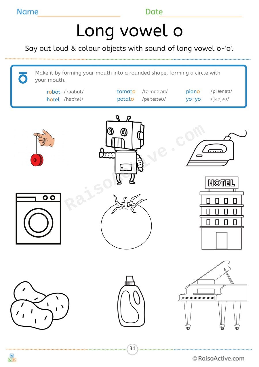 Long Vowel o Say and Colour Worksheet