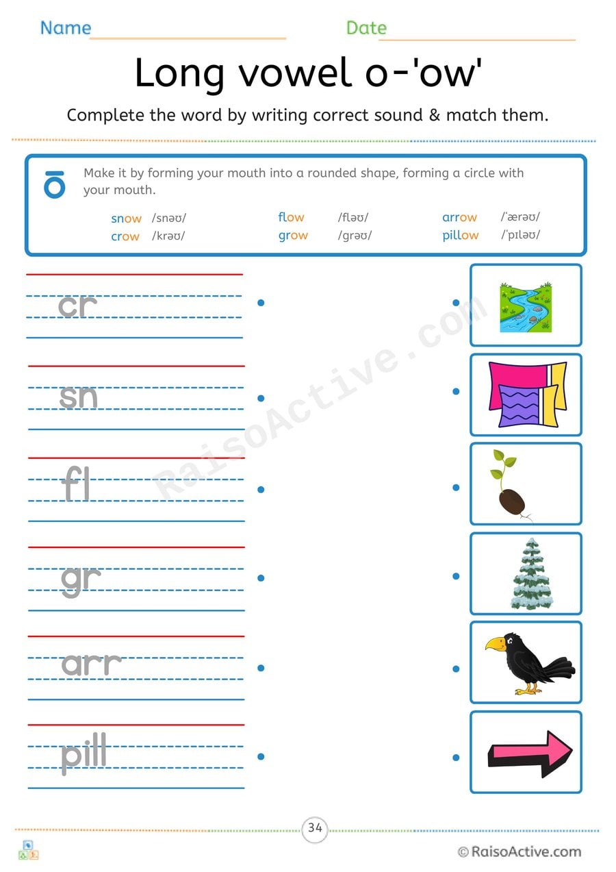 Long Vowel o 'ow' Complete the Word and Match Worksheet