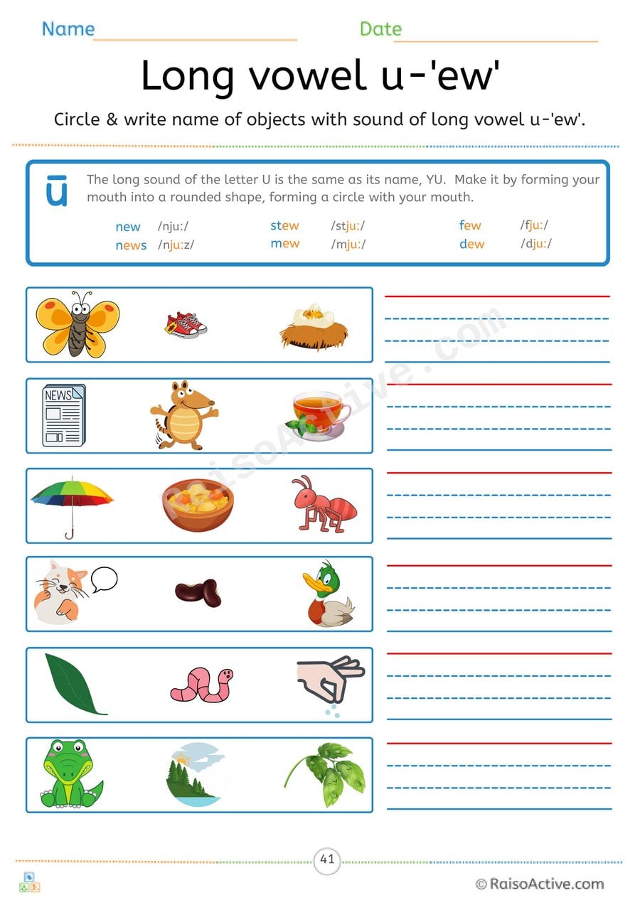 Long Vowel u 'ew' Circle and Write Worksheet
