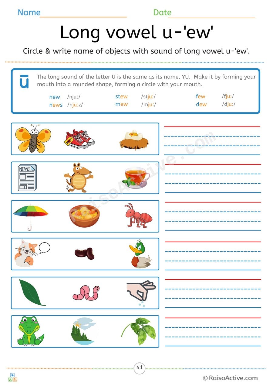 Long Vowel u 'ew' Circle and Write Worksheet