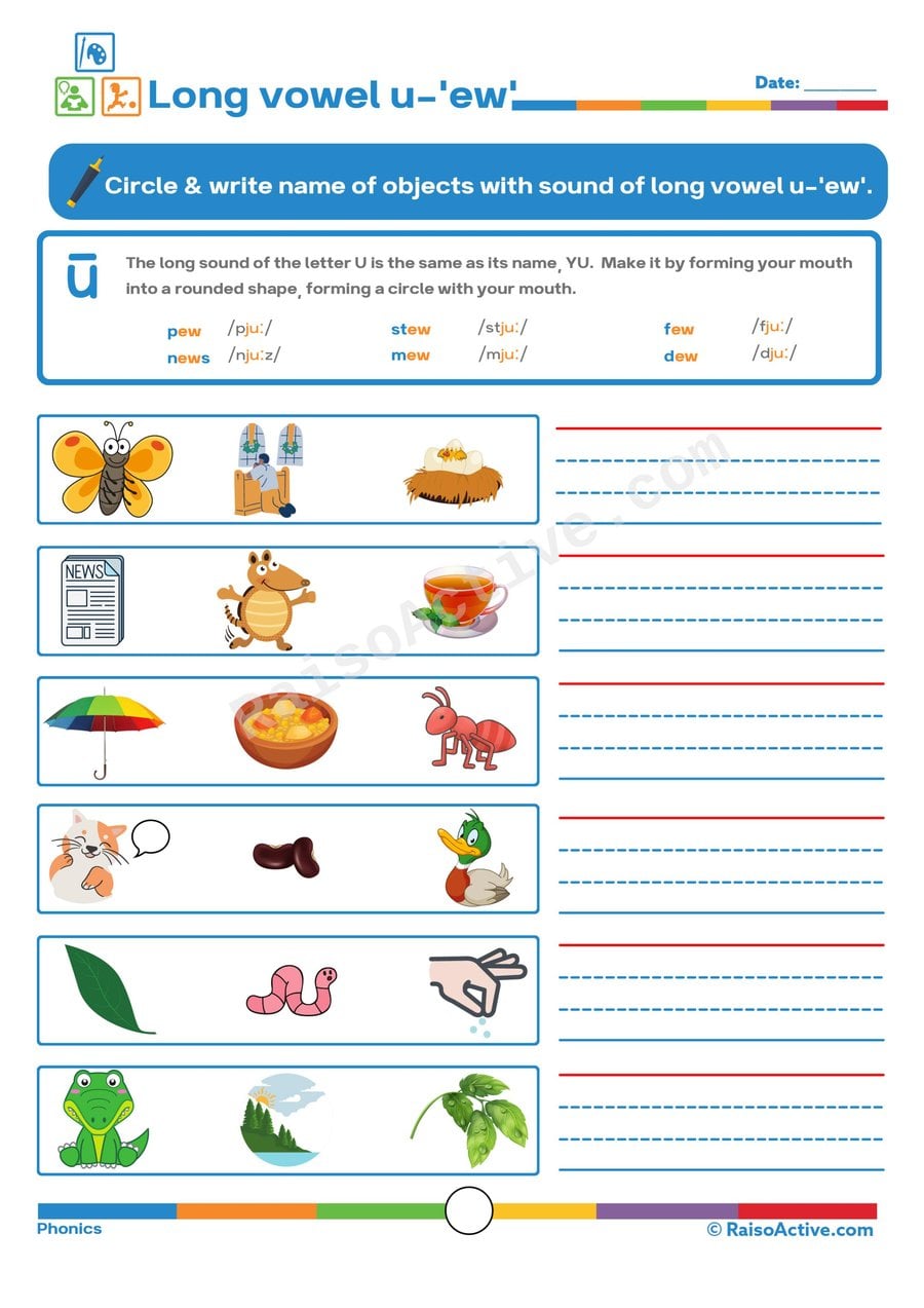 Long Vowel U 'ew' Worksheet: Circle and Write