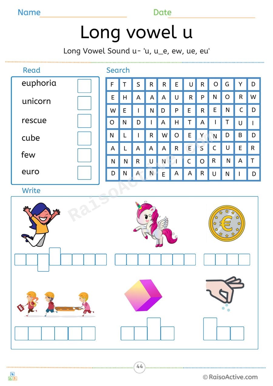 Long Vowel u Read, Search and Write Worksheet