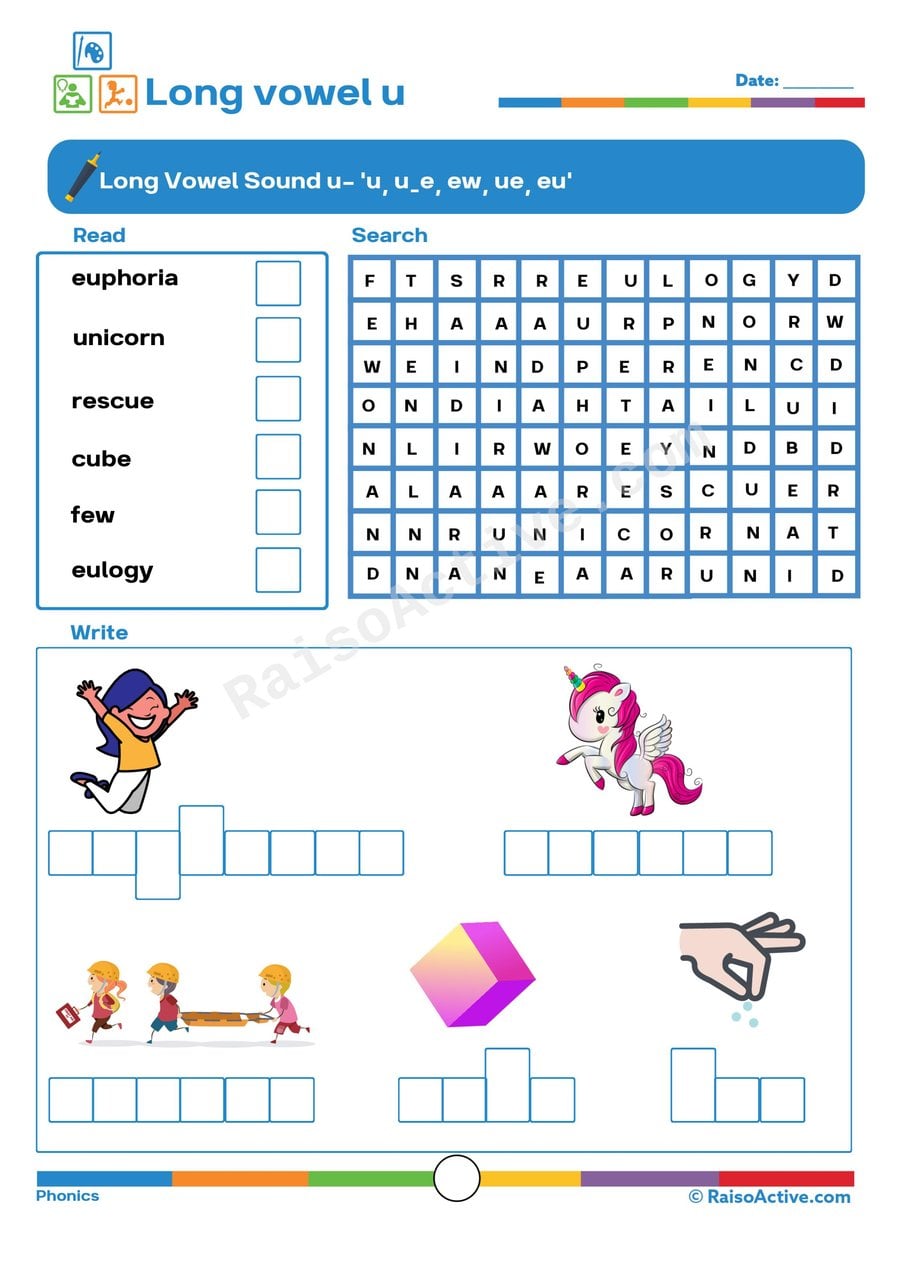 Long Vowel 'u' Worksheet: Read, Search, and Write!
