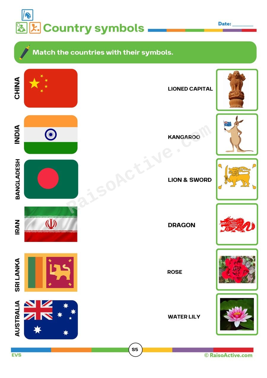 Match the Country Symbols Worksheet for Kids