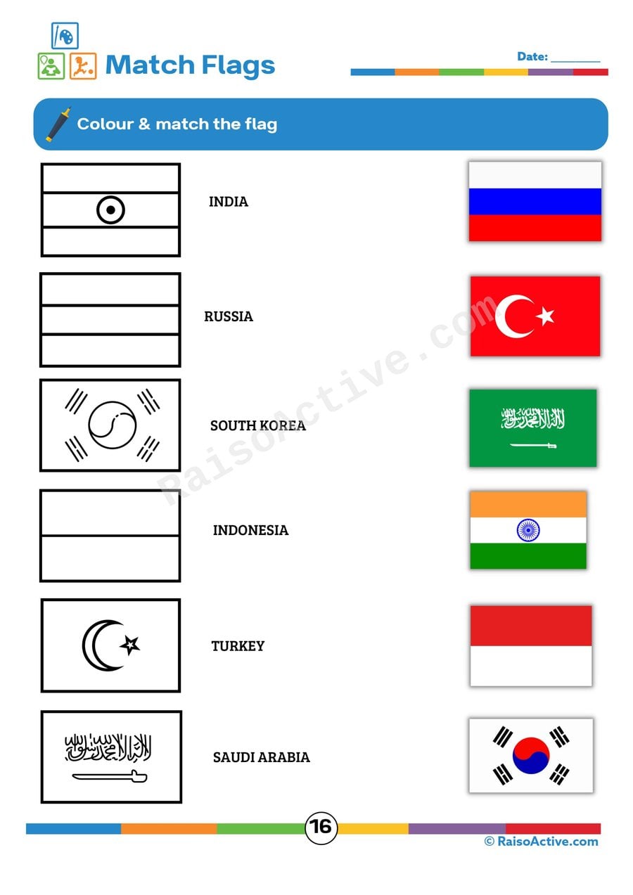 Match the Flags Worksheet for Kids