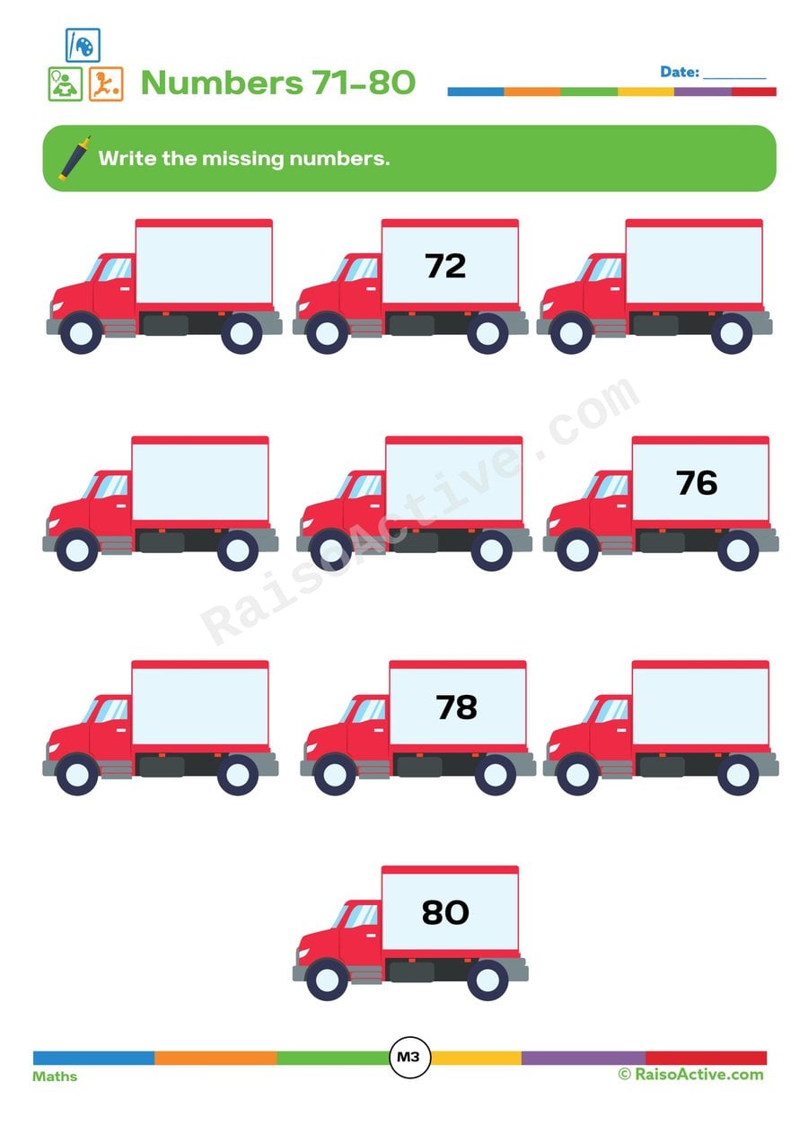 Missing Numbers: Trucks Worksheet for Kids (71-80)